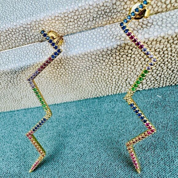 Dazzling Zigzag Rainbow Earrings – Gold Plated Multicolor Zigzag Earrings - Picture 1 of 17